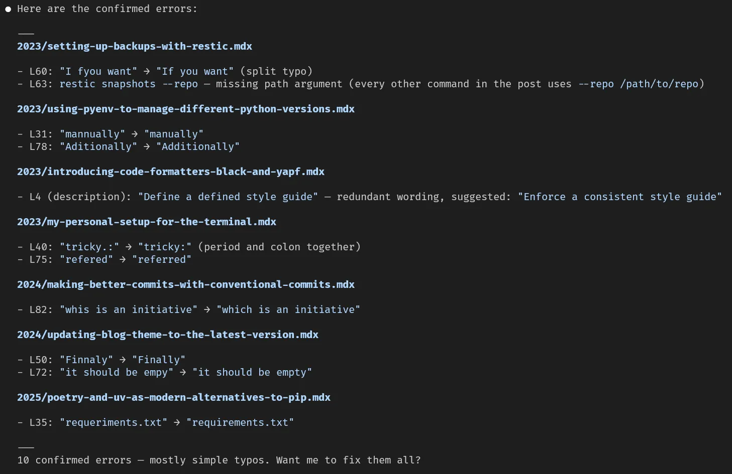 Claude Code helping to fix typos in old blog posts