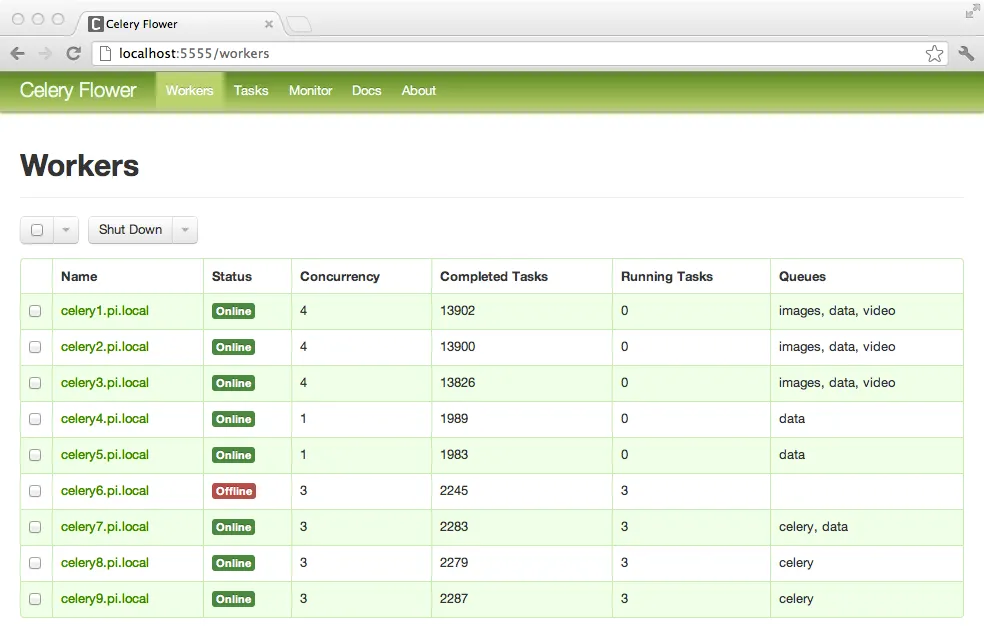 Flower dashboard showing the status and task counts of Celery workers