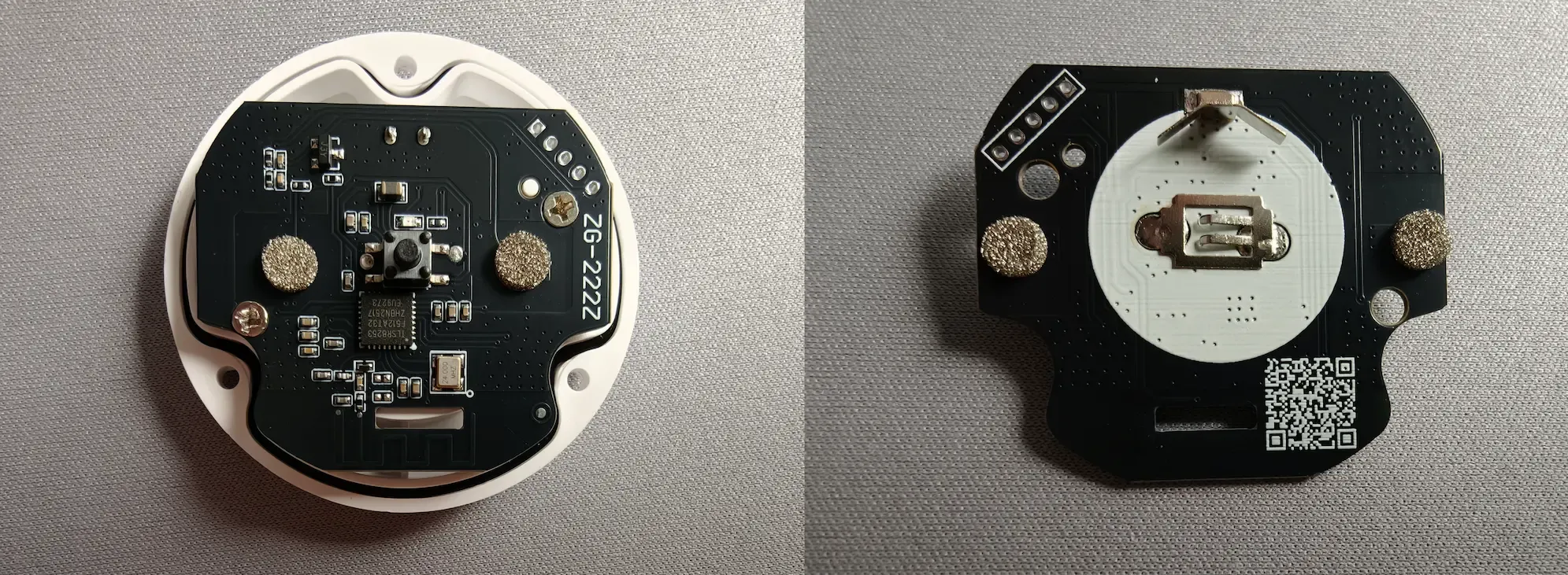 Front and back sides of the Zigbee water leak sensor PCB